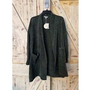 Chenault Olive Striped Open Front Cardigan‎ Sweater Duster with Pockets Size S